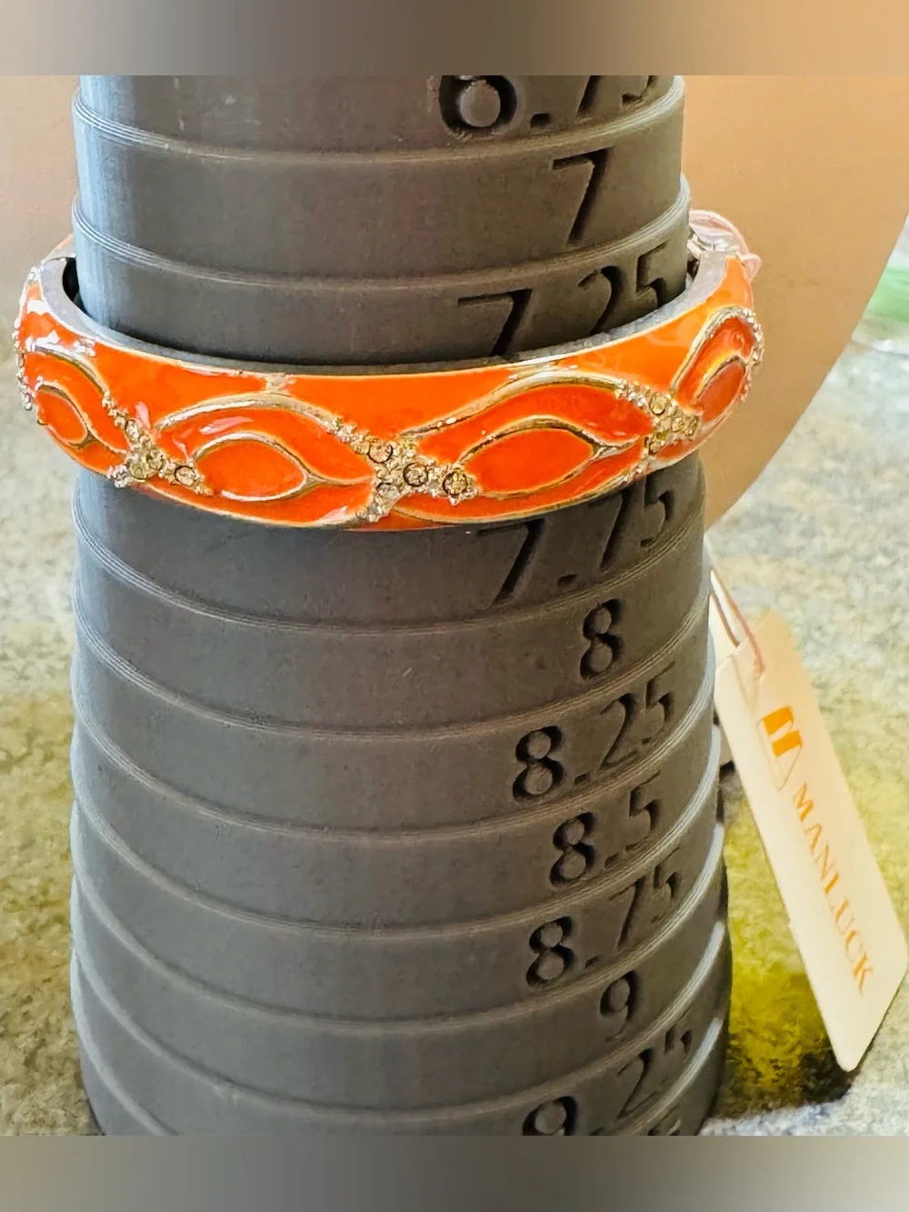 Orange Enamel & Rhinestone Clamper Bangle Bracelet